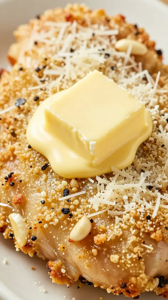 Blackstone Garlic Parmesan Chicken: a Flavorful Delight! Sizzles Tonight 3 closeup of melted butter, garlic, and parmesan crusted chicken edge